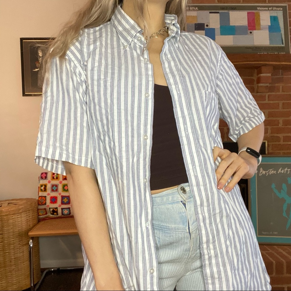 Vintage 80s Sears Roebuck Stripe Menswear Oversized Button Up Short Slee…